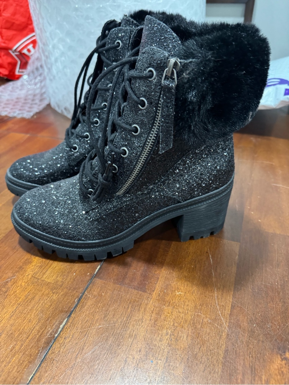 Very G Sparkle Heeled Faux Fur Trim Boots
